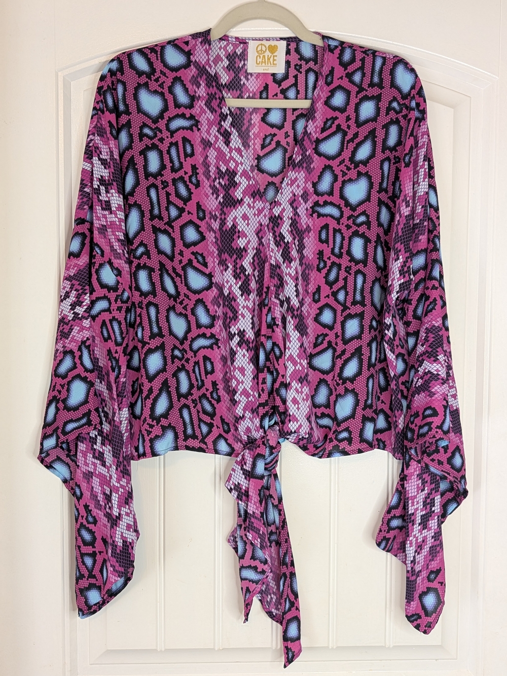 Peace Love Cake Bold Snake Print Patterned Tie Front Blouse Flared Sleeves